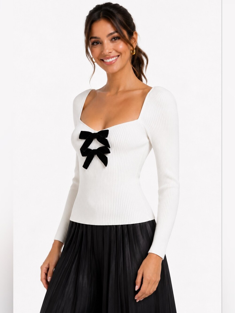 Generation Love Coralie Velvet Bow Knit Top White Long Sleeve Large L NWT